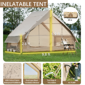 Inflatable Tent With Pump,Glamping Tents For 4-6 Person, Easy Setup 4 Season Waterproof Outdoor Tent